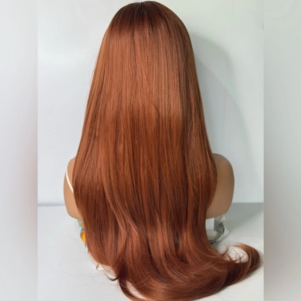 26 Inch Wavy Rusty Brown long hair with bangs Natural looking wig